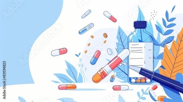 Fototapeta Capture a birds-eye view of a futuristic laboratory scene with pill capsules scattered, highlighting one central capsule. isolated on soft plain pastel solid background