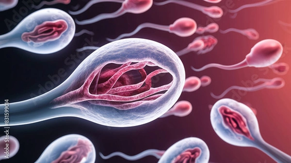 Fototapeta Detailed illustration of swimming sperm cells, focusing on internal structure of one cell. Intricate details of cell's anatomy, including nucleus and internal components.