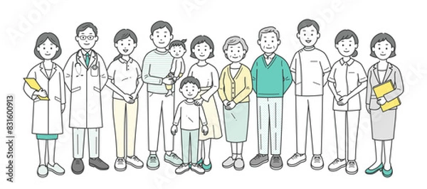 Obraz 高齢者夫婦と家族と医師と看護師と介護士とケアマネージャー栄養士が集合した全身イラスト