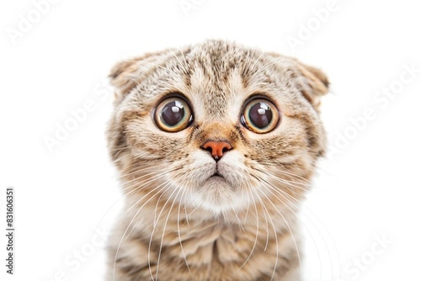 Fototapeta Funny surprised young cat make big eyes closeup isolated on white background, Breed Scottish Fold