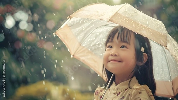 Obraz portrait of happy Asian little girl with umbrella in the rain