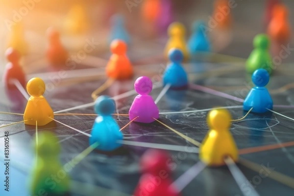 Obraz Colorful figurines connected by strings on a dark surface, representing a social network