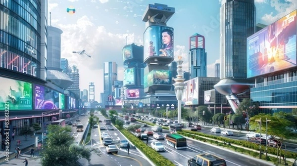 Obraz Future smart city skyscrapers Sci fi style decorated with cool green trees Building and architecture Background.
