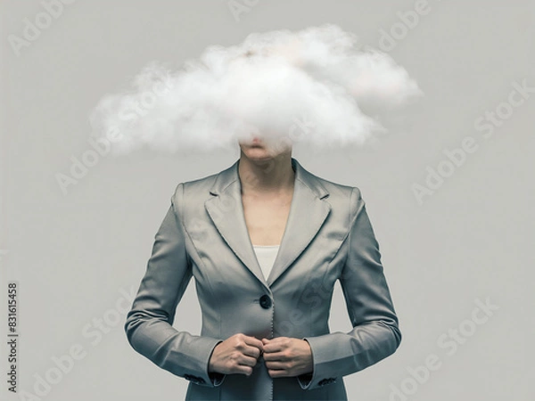 Fototapeta Person in gray suit with cloud obscuring head, symbolizing confusion or clouded mind.