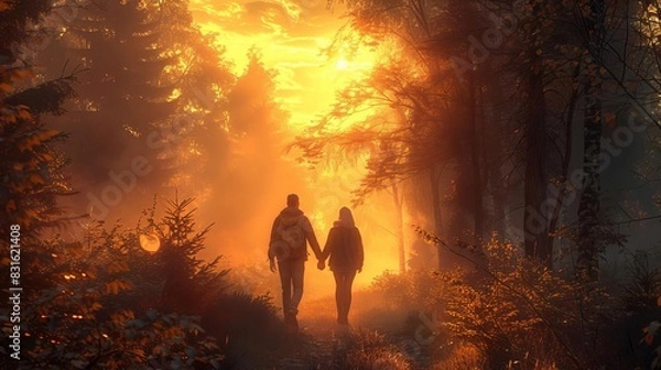 Fototapeta Couple walking hand in hand through a misty forest during sunrise, surrounded by autumn trees and warm golden light.