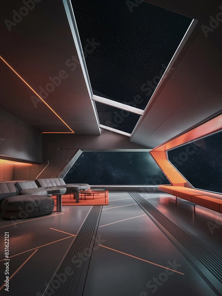 Fototapeta Futuristic spaceship interior with sleek, modern design. Large windows reveal starry space view, minimalist furniture, ambient lighting.