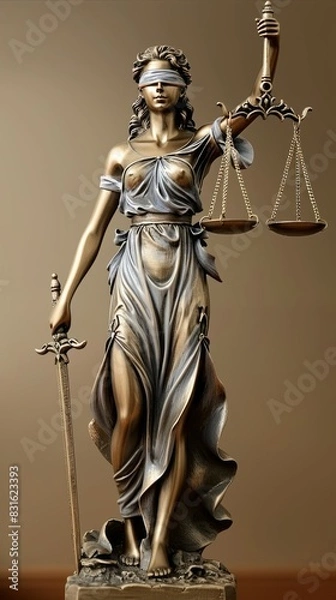 Fototapeta A statue of a woman with a blindfold on, holding a sword and scales, Themis or Lady Justice concept
