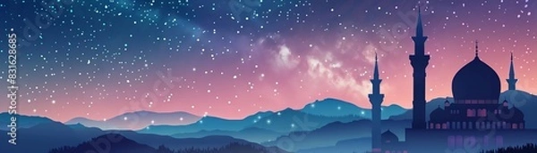 Fototapeta Ramadan Kareem card, mosque silhouette, starry night, peaceful vibes