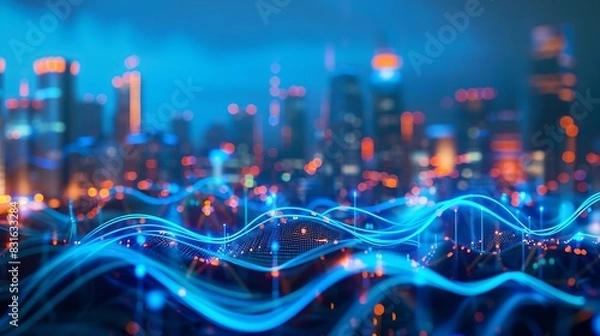 Fototapeta Smart city and big data connection technology concept with digital blue wavy wires with antennas on night megapolis city skyline background double exposure : Generative AI
