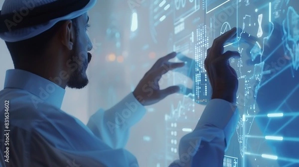 Obraz Muslim businessman working with floating data visualization screen : Generative AI