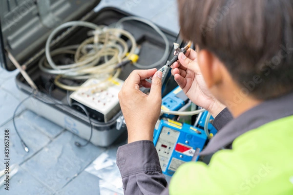 Fototapeta Technician ware sampling tube air quality in reel of machine pump.