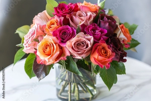 Fototapeta Vibrant bouquet of mixed roses in a glass vase on a marble table, showcasing a variety of colors and fresh green leaves.