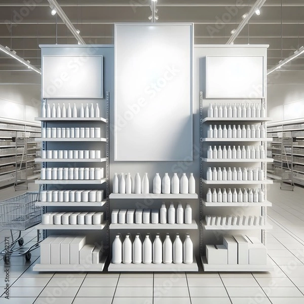 Fototapeta AI Generate of Mockup Supermarket Shelves with mockup blank goods in 3D render.	
