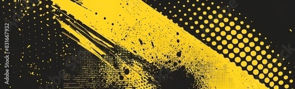 Fototapeta Retro vintage background with halftone overlay and grunge frame. Yellow and black banner with grunge smears.