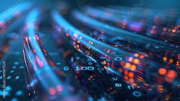 Obraz Fiber optic cable depicting data transfer and speed on a blue background. A digital composition showing fiber oak in the style of telecommunication technology and internet connection. 