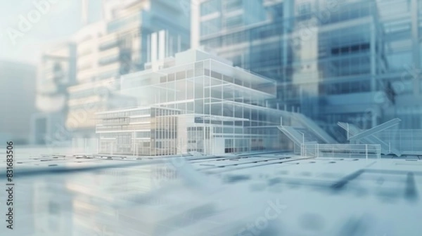 Fototapeta Futuristic architectural blueprint concept showcasing modern building designs with transparent structures and intricate detailing.