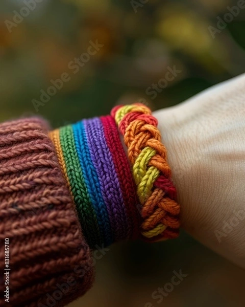 Fototapeta Handmade rainbow and orange bracelets on a woman's wrist