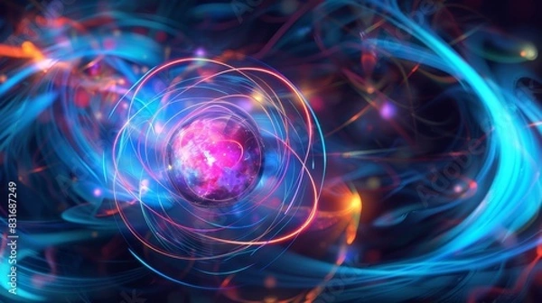 Fototapeta A vibrant, abstract digital art image depicting atomic energy with swirling blue and pink light trails, evoking a dynamic cosmic scene.