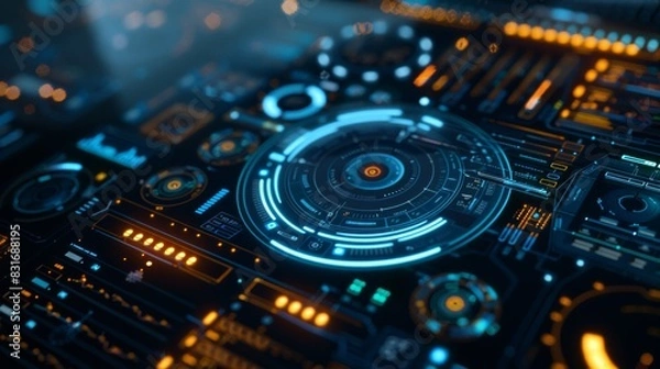Obraz Sci-fi digital interface HUD  elements mega set pack. User Interface, frame screens. Blue  Callouts titles, FUI circle set, Loading bars. Dashboard display virtual reality technology screen.