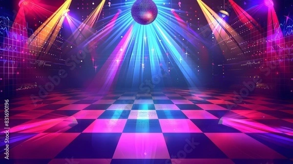 Fototapeta disco dance floor with a checkered pattern and a glittering disco ball hanging overhead