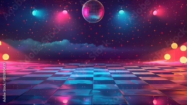 Fototapeta disco dance floor with a checkered pattern and a glittering disco ball hanging overhead