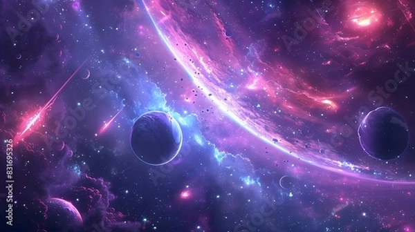 Fototapeta A space-themed background with swirling, neon planets, shooting stars, and colorful galaxies