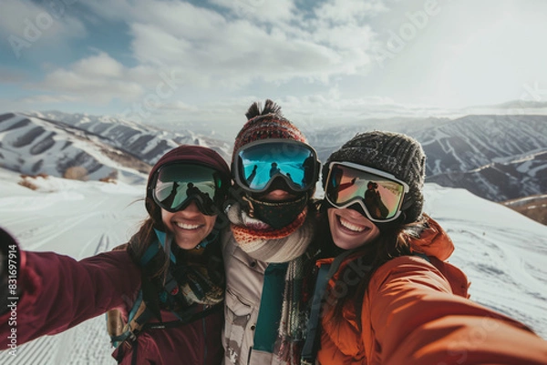 Fototapeta Friends posing for a selfie while snowboarding in the mountains Stock Photo with copy space
