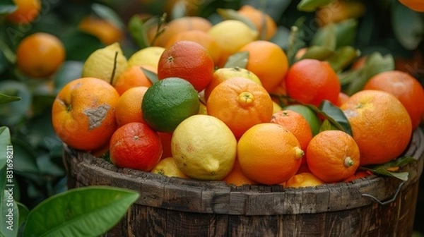 Fototapeta Close-up of a wooden bucket containing mixed garden produce, including tomatoes, zucchini, and eggplants, displayed on a rustic wooden table