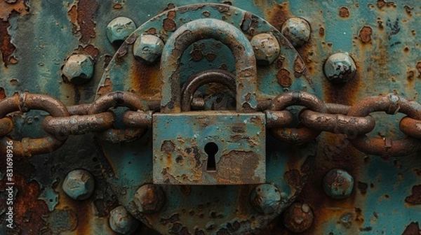 Fototapeta Close-up of a large, weathered padlock secured by heavy chains on a rusty metal door, texture of decay and abandonment