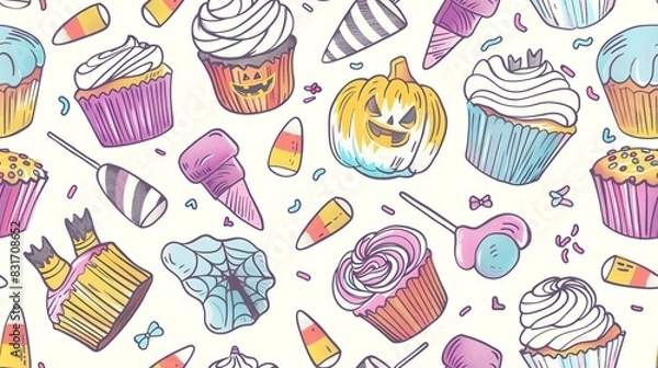 Fototapeta Hand-drawn seamless pattern of pastel-colored Halloween treats, including cupcakes, candy corn, and lollipops, creating a sweet and spooky party theme