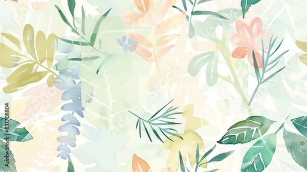 Fototapeta Pastel-colored seamless pattern with flat watercolor botanical elements, featuring leaves and flowers in a light and airy design