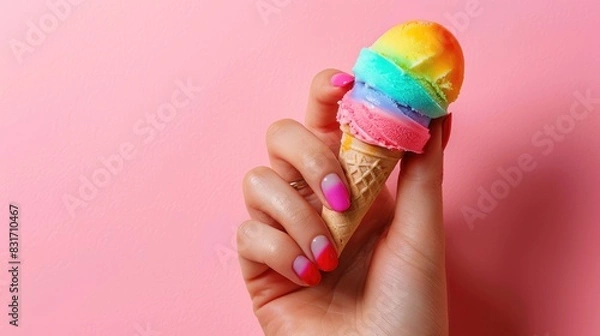 Fototapeta Colorful Ice Cream Cone Held by Hand Against Vibrant Pink Background in Trendy Summer Photo