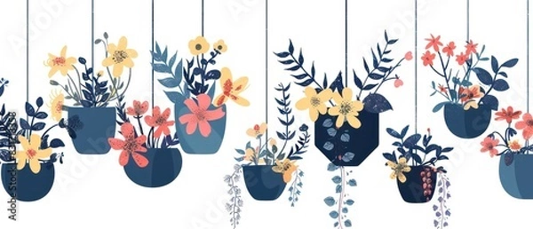 Fototapeta assortment illustration of hanging pots full of flowers, colorful, flat design isolated on a white background