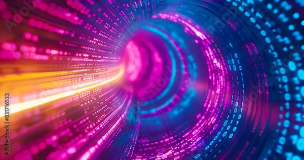 Fototapeta selective focus swirl glowing particles light beams.flowing of algorithm binary computer code.abstract background of vibrant light luminous line with big data information or cloud technology.