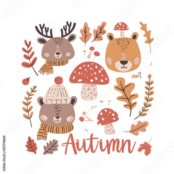 Obraz colorful illustration of a fall forest with animals and mushrooms