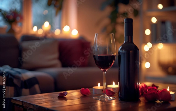 Fototapeta A bottle of red wine and a glass on the table opposite, a cozy living room with candles and rose petals, a comfortable sofa, evening time, romantic atmosphere at dinner