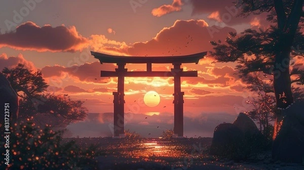 Obraz Traditional Japanese shrine with torii gate at sunset

