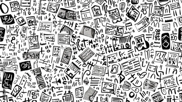 Fototapeta Seamless doodles in black and white featuring hand-drawn ancient scripts,