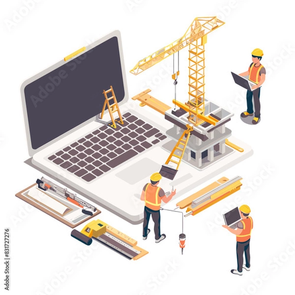 Fototapeta isometric illustration where a construction site emerges from an open laptop screen