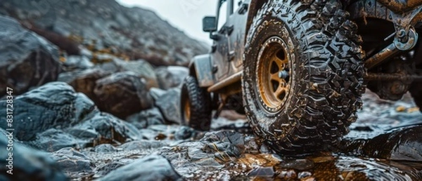 Fototapeta 4x4 off-road vehicle rock climbing with a close-up of the wheels gripping in rough rocks