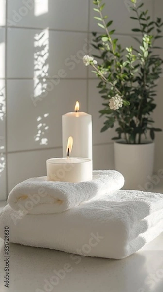 Obraz Fresh White Towels and Soothing Candles in Spa Setting