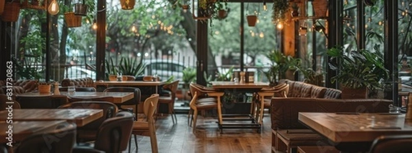 Obraz cozy and inviting restaurant interior with wooden tables, chairs, and leather sofas arranged in an open space