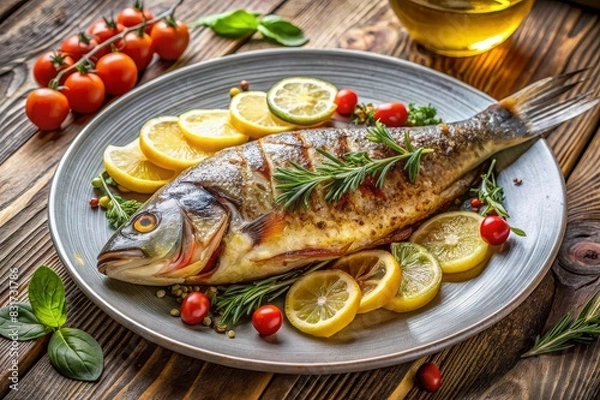 Fototapeta A fish is on a white plate with tomatoes and lemons