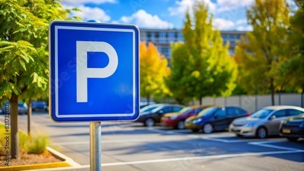 Fototapeta A parking sign with the letter P on it is in a parking lot