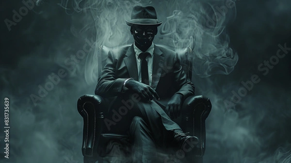 Fototapeta A man in a black suit and hat sits in a chair with a fake mask on his face. The chair is covered in smoke, giving the scene a dark and mysterious atmosphere