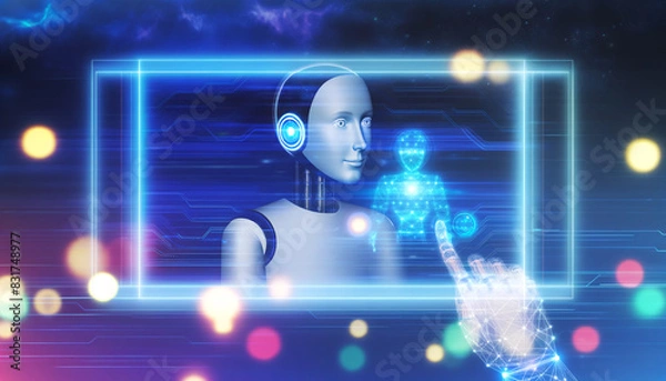 Fototapeta AI Operating Holographic Data Panel with Futuristic Background