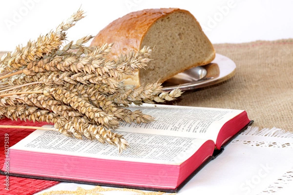 Fototapeta Bread, grain and open Bible