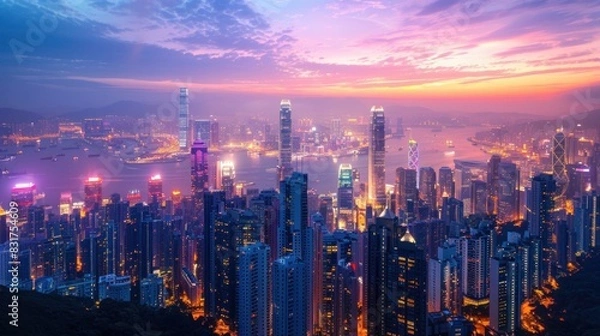 Fototapeta A dynamic cityscape at twilight, with skyscrapers illuminated against the dusky sky, capturing the energy and vibrancy of urban life in striking detail.