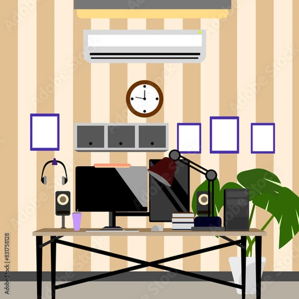 Fototapeta A work room with a tablet computer, headphones, monitor and other equipment fully equipped for work.