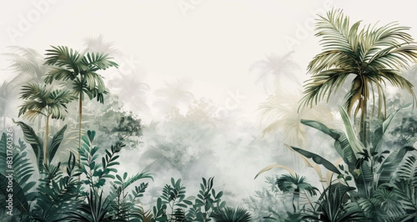 Fototapeta A white background with a row of palm trees and plants in the jungle, painted in the style of Anna shirley hunkin. The colors are light green, soft gray and warm yellow. There is some mist around the 